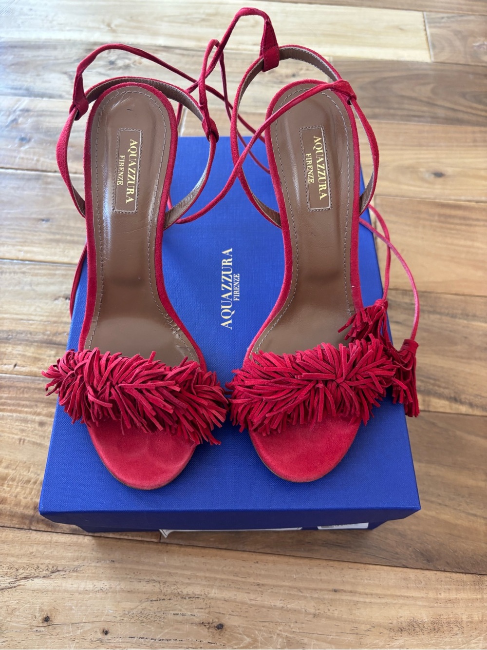 Aquazzura Red Suede Fringe Lace-Up Heels